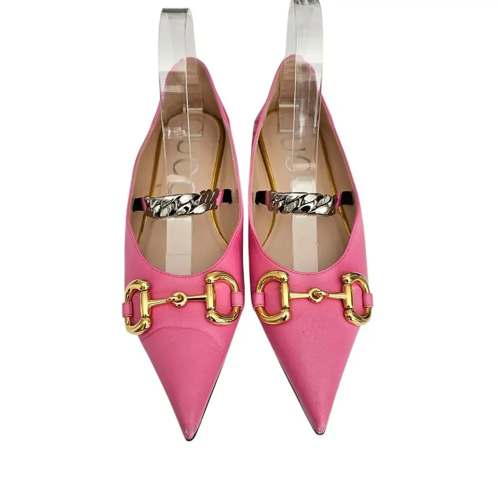 Gucci Horsebit Chain Pointed Toe Ballet Flat Size 38.5 US 8.5 Pink Gold Silver